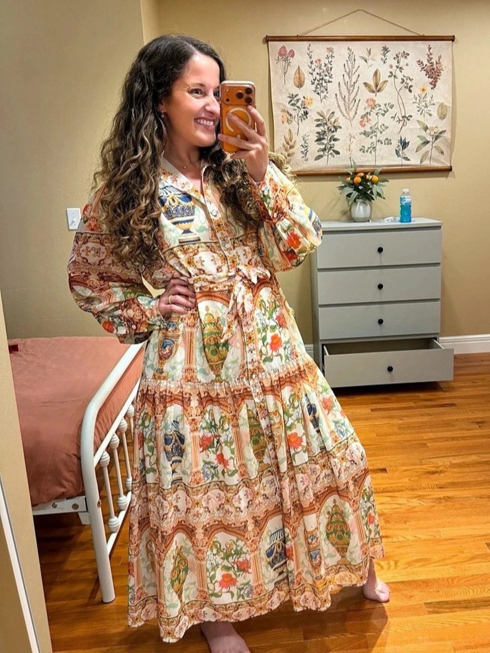Dalia MacPhee Floral Maxi Dress in Orange & White Size Large Like New